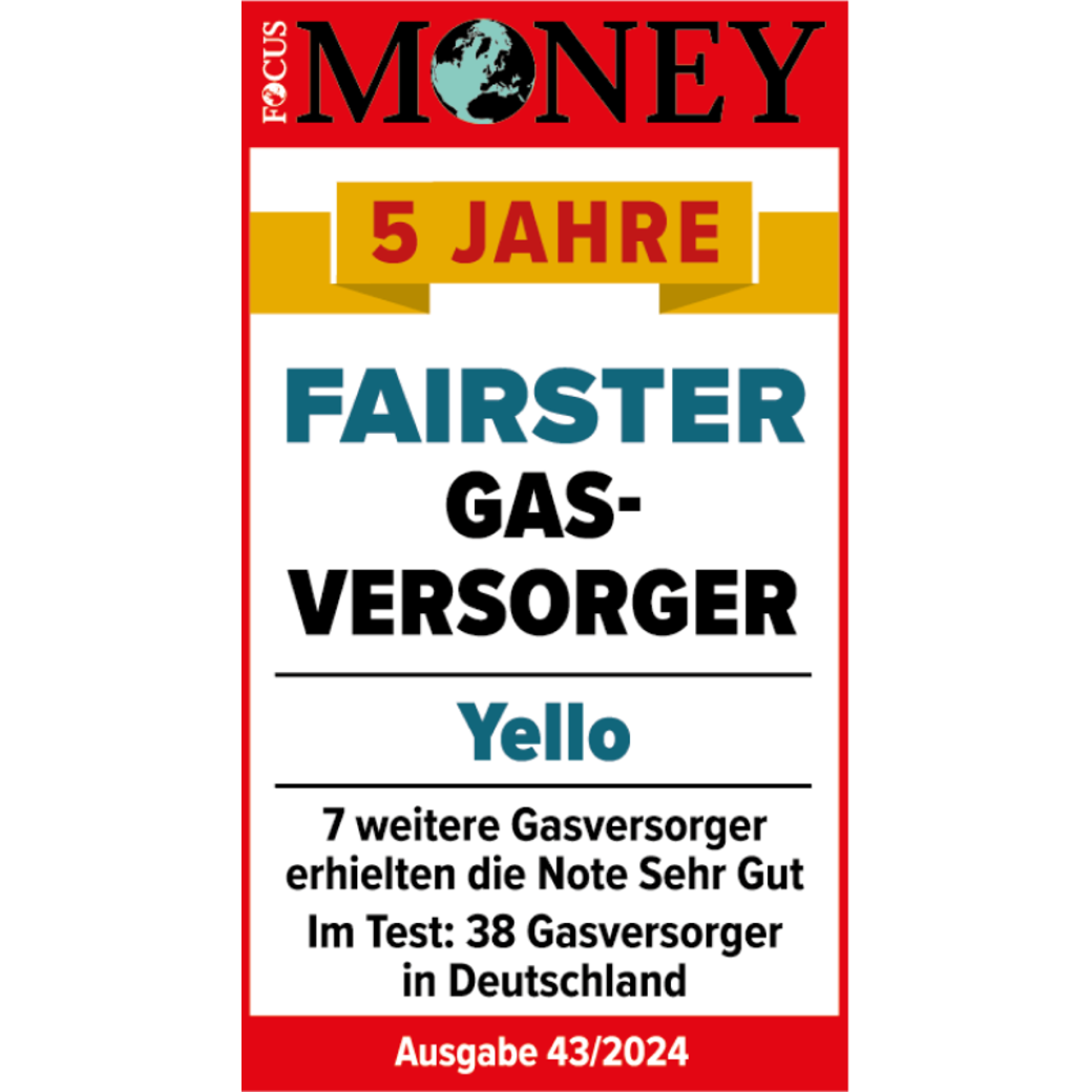 Im Focus Money Test ausgezeichnet als fairster Gasversorger 2024. Testsiegel Focus Money für Yello als fairster Gasversorger 2024