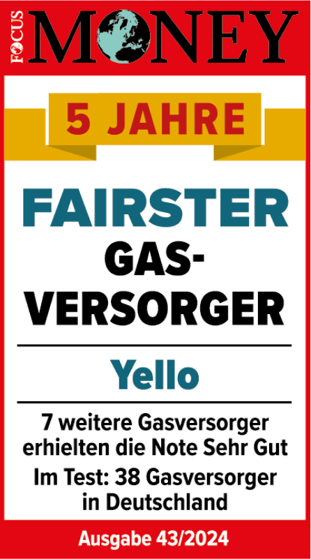 Im Focus Money Test ausgezeichnet als fairster Gasversorger 2024. Testsiegel Focus Money für Yello als fairster Gasversorger 2024