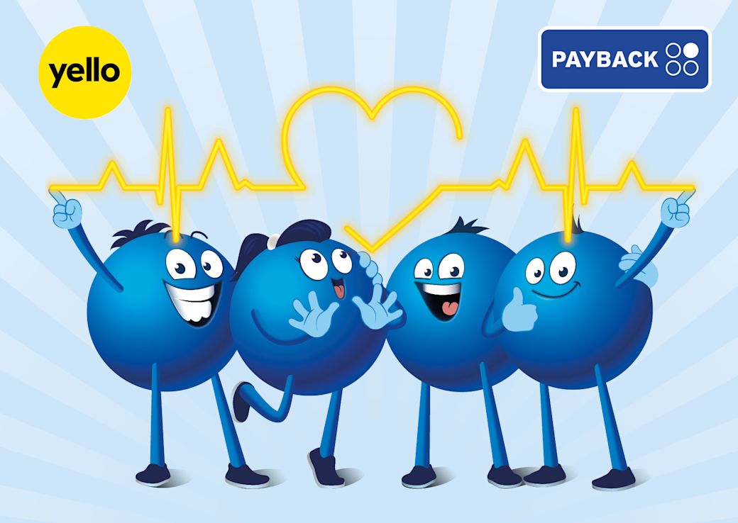 Vier Payback Pointee (Comicfiguren) bilden ein Herz mit Herzschlaglinie. Links: Yello-Logo, rechts: PAYBACK-Logo.