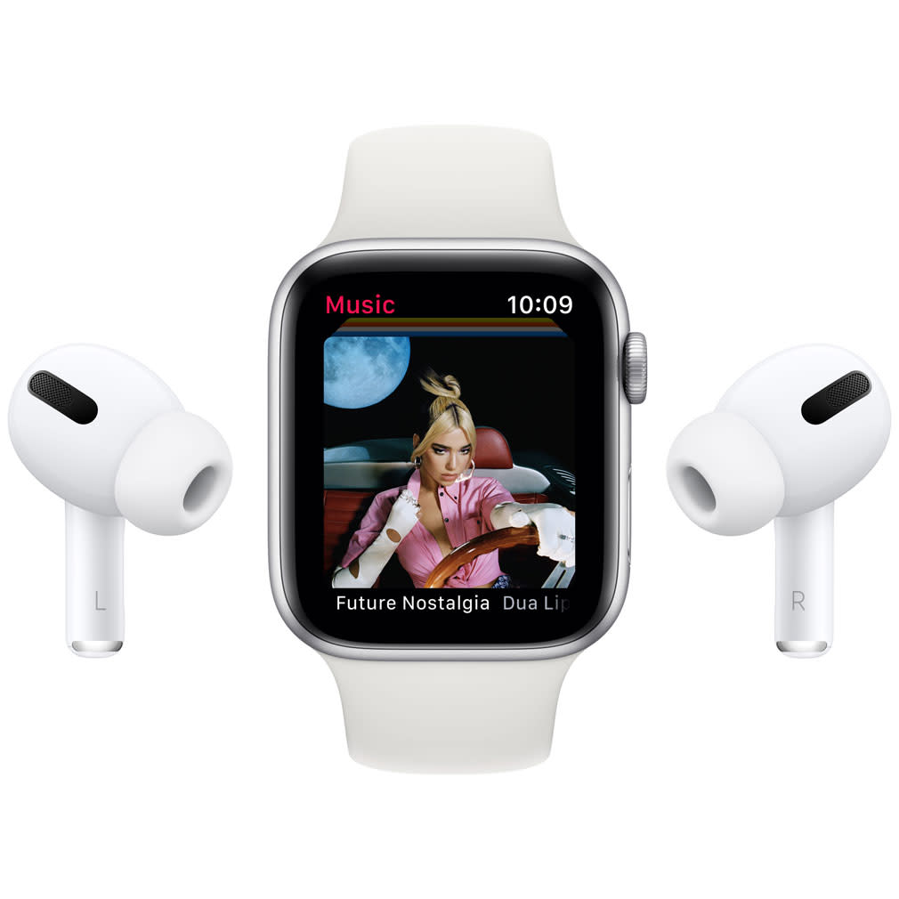 Apple Watch 6 mit weißen kabellosen Kopfhörern