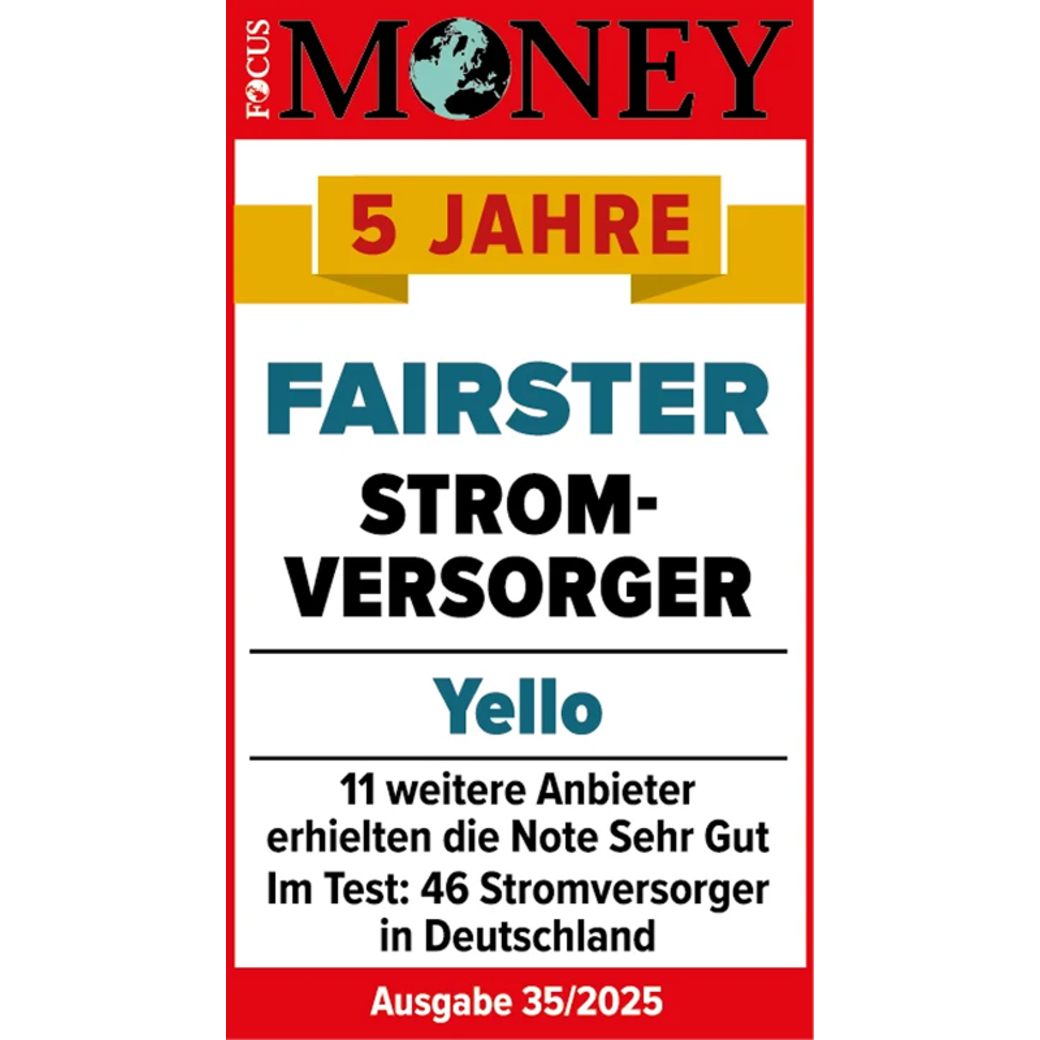 Im Focus Money Test ausgezeichnet als fairster Stromversorger 2025 Testsiegel Focus Money für Yello als fairster Stromversorger 2025
