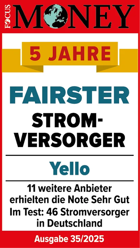 Im Focus Money Test ausgezeichnet als fairster Stromversorger 2025 Testsiegel Focus Money für Yello als fairster Stromversorger 2025