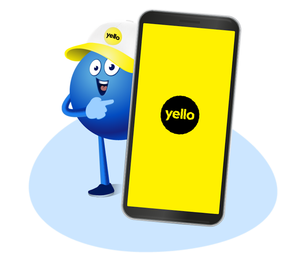 Payback Pointee zeigt auf Yello App Blauer PAYBACK Pointee mit gelber Kappe zeigt auf Yello App