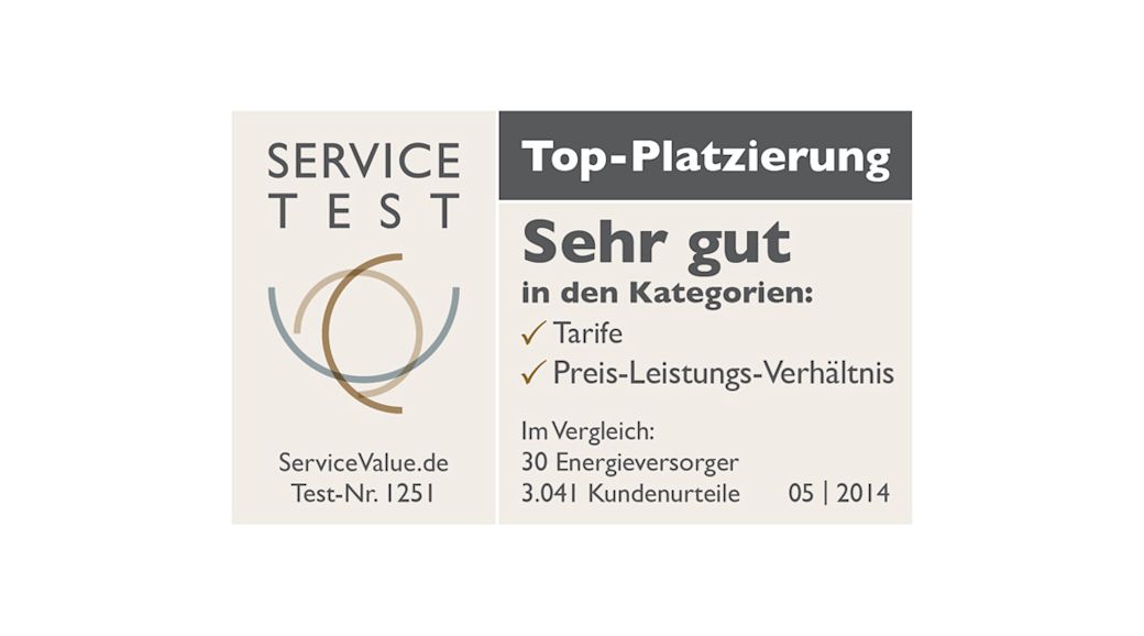 Siegel: Service Test 05/2014, Top Platzierung, Sehr gut in den Kategorien Tarife und Preis-Leistungs-Verhältnis.