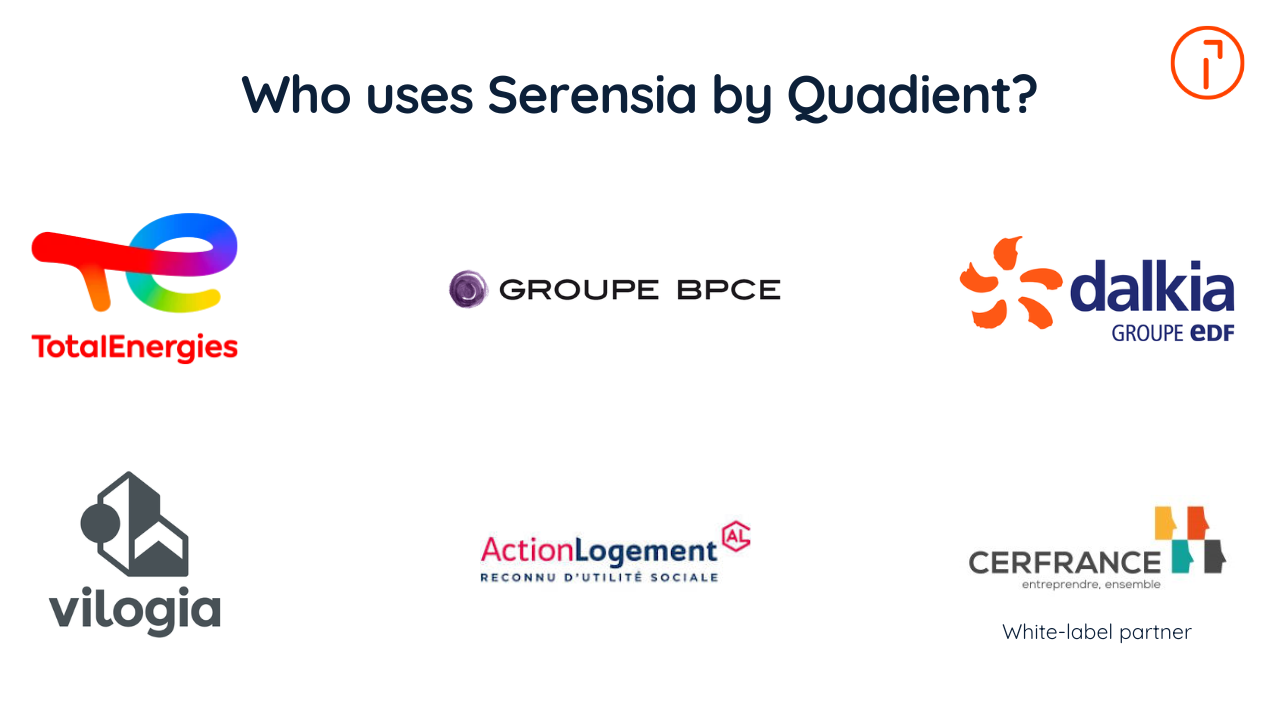 Logos of organizations using Serensia by Quadient, including TotalEnergies, Groupe BPCE, Dalkia, Vilogia, Action Logement, and Cerfrance.