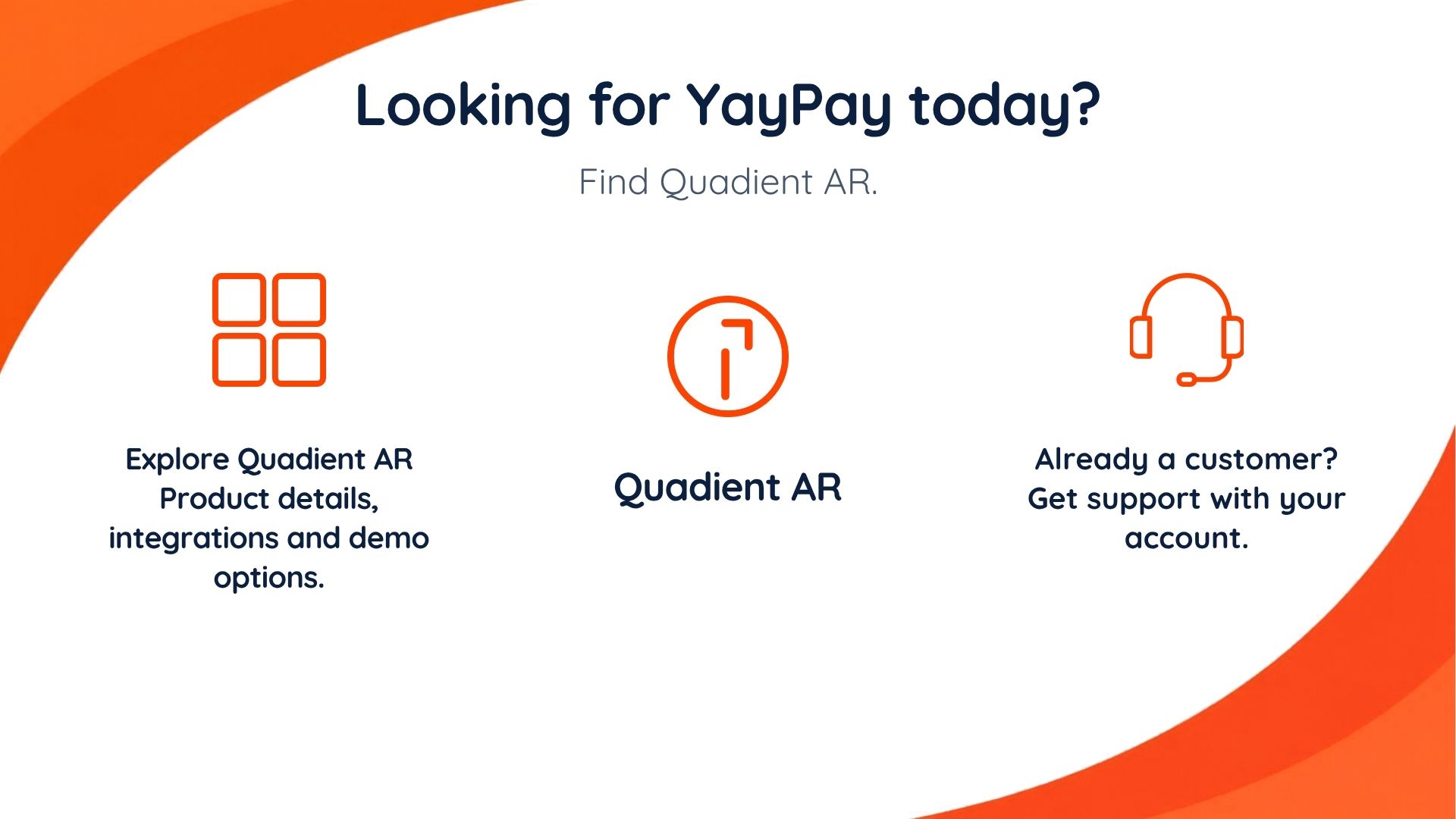 Graphic directing people looking for YayPay to Quadient AR for product information and customer support.
