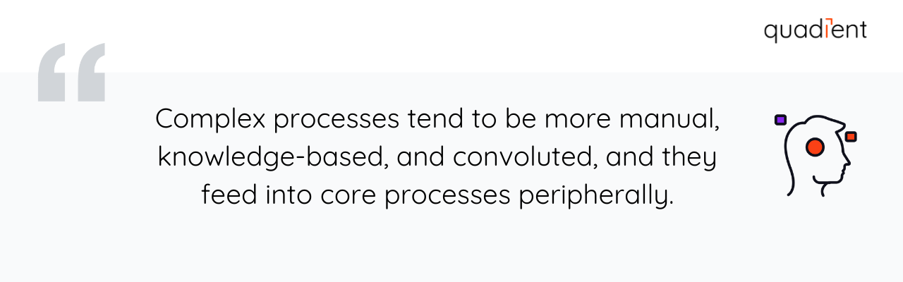 Complex processes tend to be more manual, knowledge-based, and convoluted, and they feed into core processes peripherally