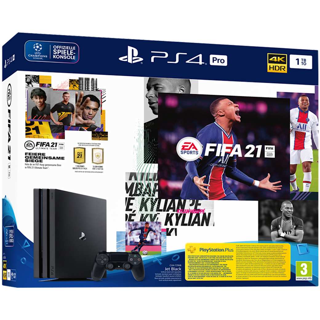 Sony PS4 Pro mit Fifa21 und zwei Controllern Frontansicht Cyber Days 2020