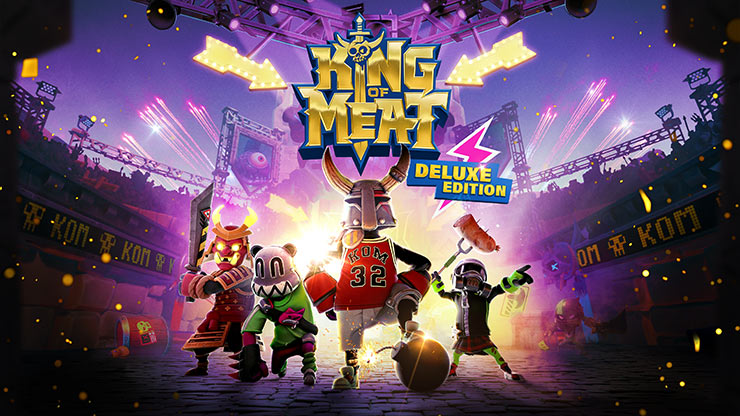 King of Meat box art for the Deluxe Edition featuring four Contenders in wacky costumes posed on a stage in the middle of an arena.