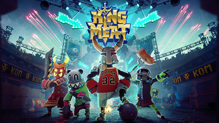 King of Meat box art for the Standard Edition featuring four Contenders in wacky costumes posed on a stage in the middle of an arena.