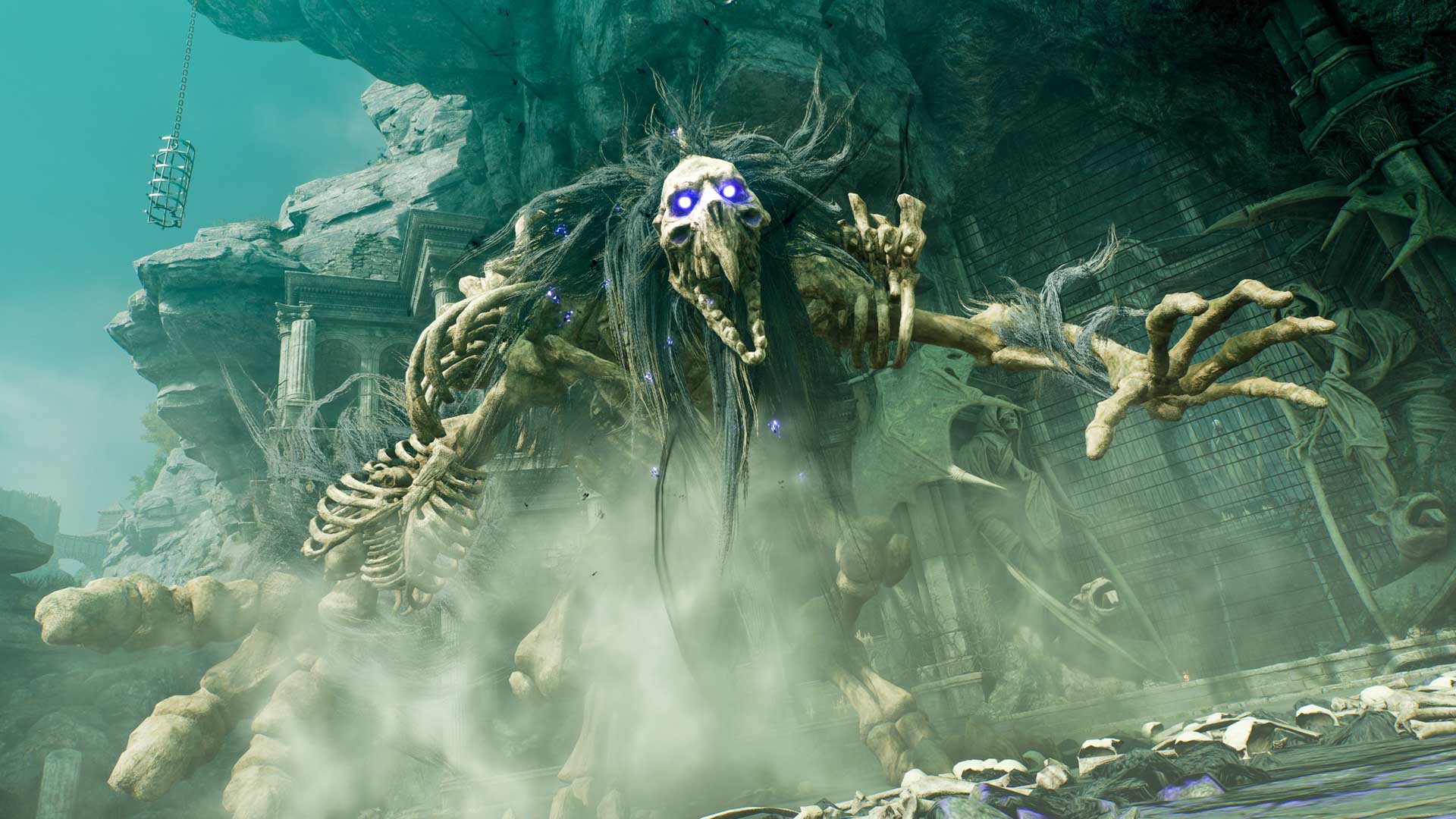 A skeletal colossus with glowing blue eyes and shaggy gray hair reaches it giant hands toward the viewer.  A cloud of dust covers the ground.