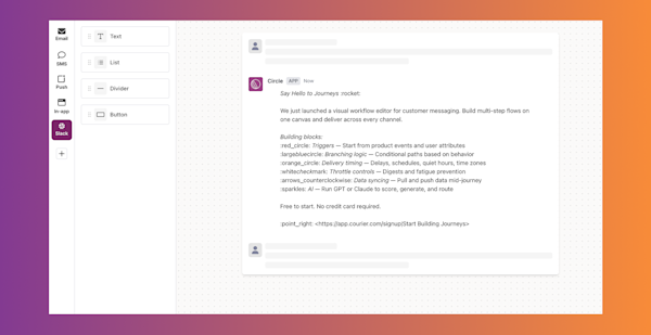 Courier Slack template builder showing deployment notification with status fields and action buttons