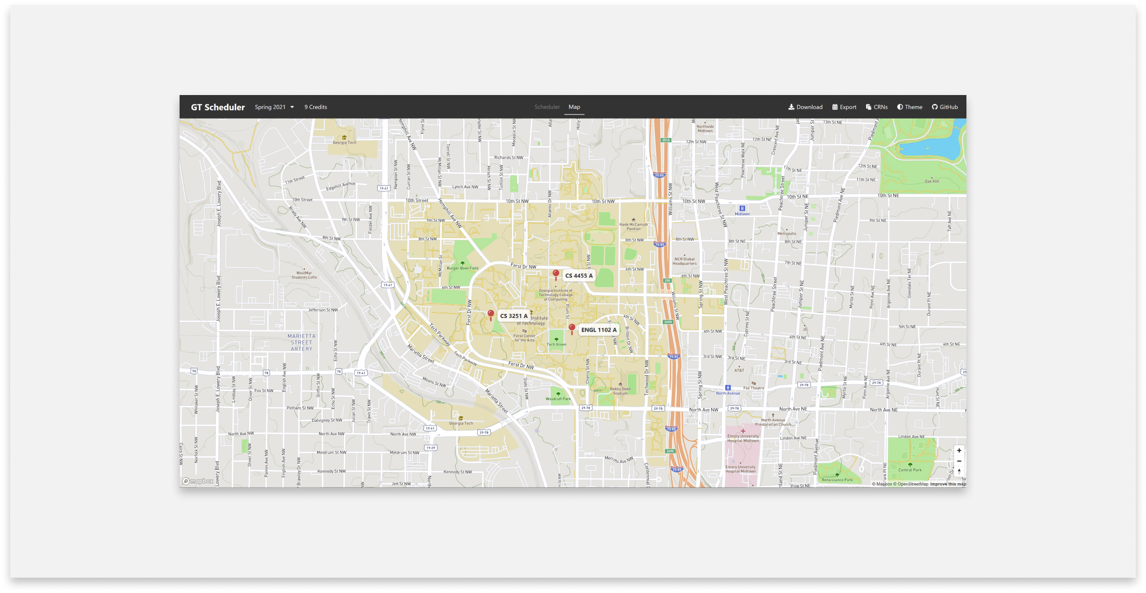 GT Scheduler Fall 2020: Class Location Map View