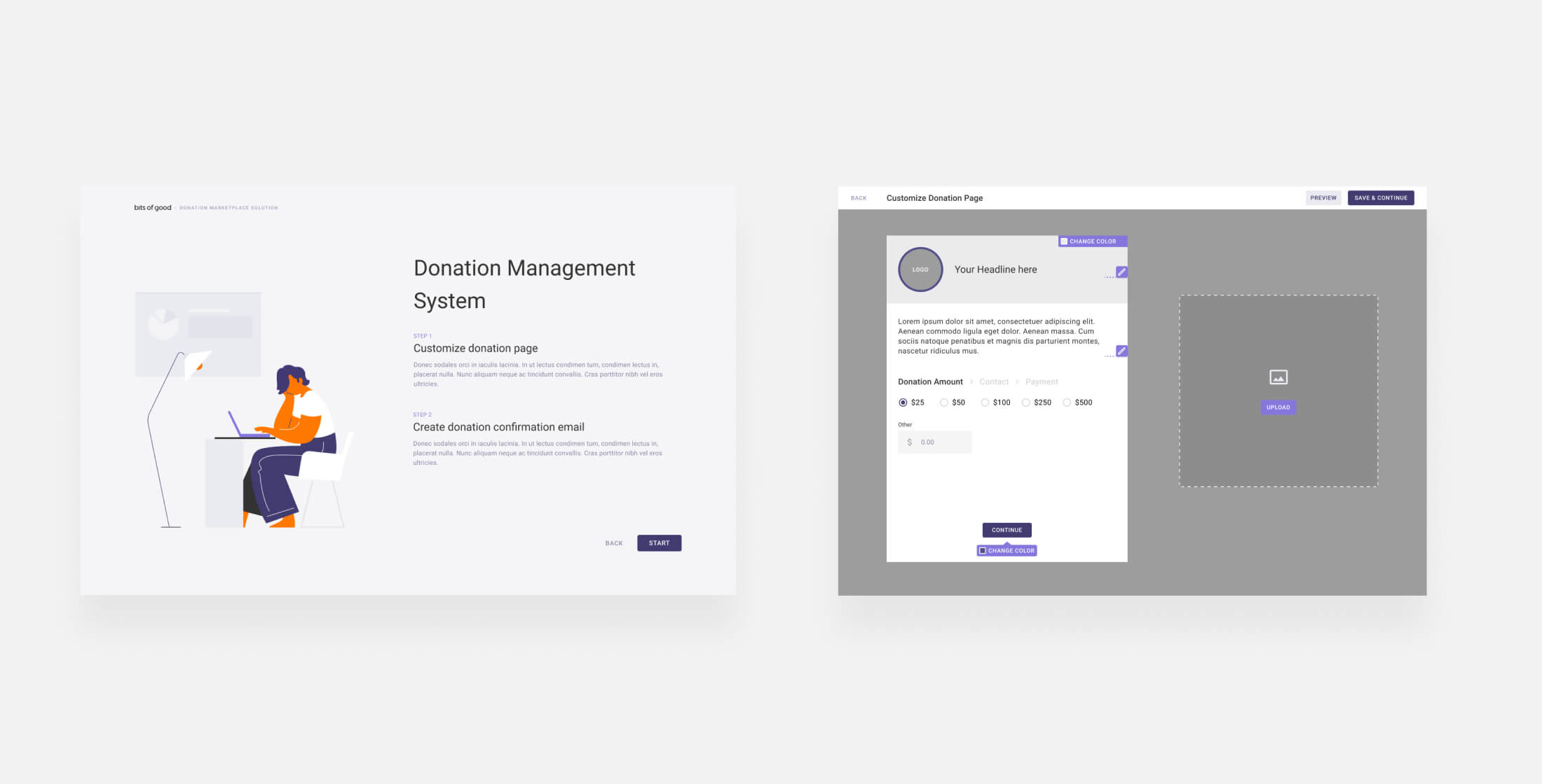 Mockups for DMS login and donation dashboards