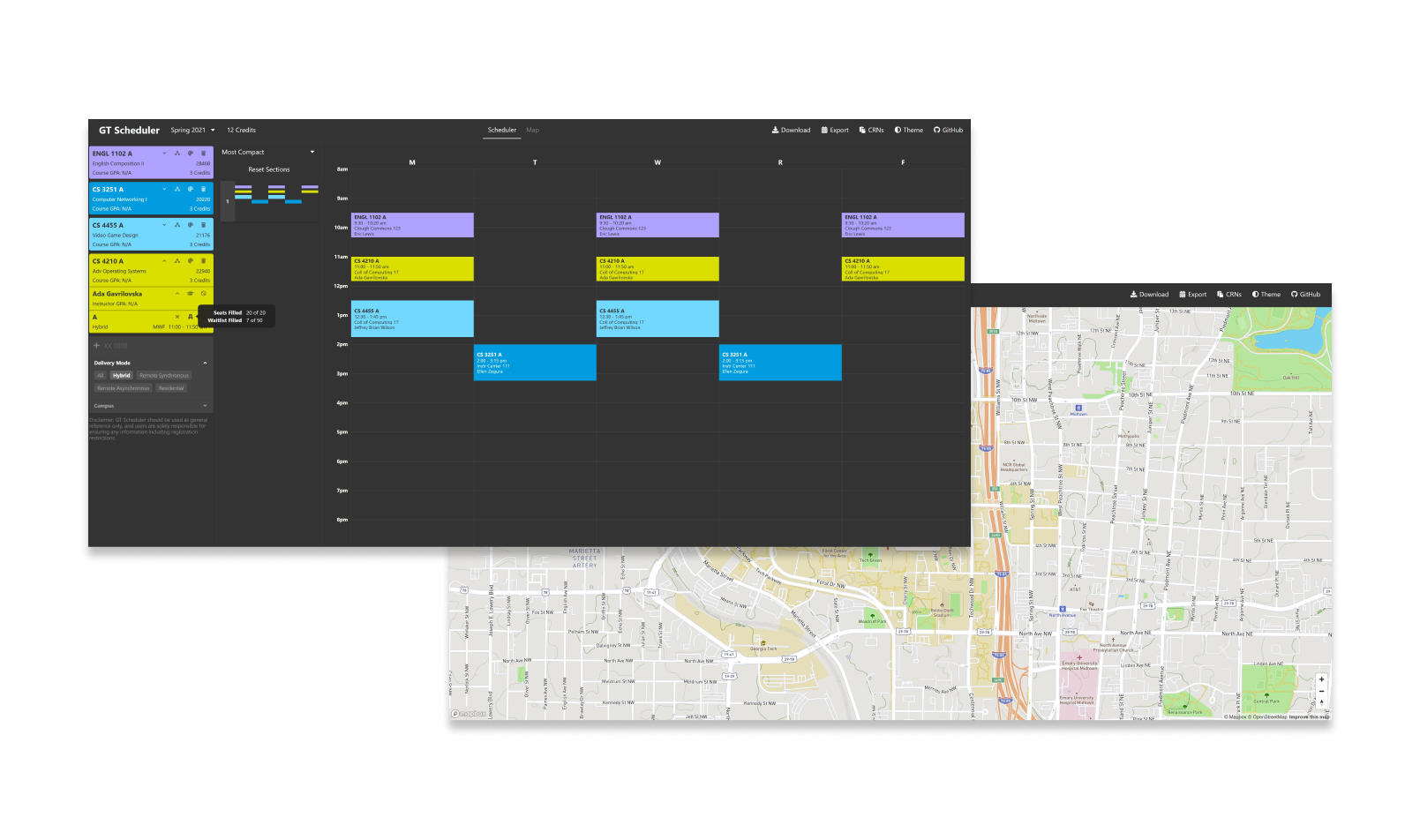 GT Scheduler Fall 2020: Header Screenshot
