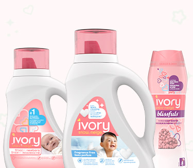 Ivory Snow laundry detergents for different stages. Ivory Snow stage 1: newborn and Ivory Snow stage 2: Fragrance Free