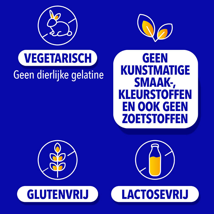 Vegetarisch, Geen kunstmatige smaak-, kleurstoffen en ook geen zoetstoffen, Glutenvrij, Lactosevrij