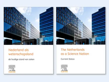 Covers of Elsevier's report The Netherlands as a Science Nation (Nederland als wetenschapsland) in Dutch and English