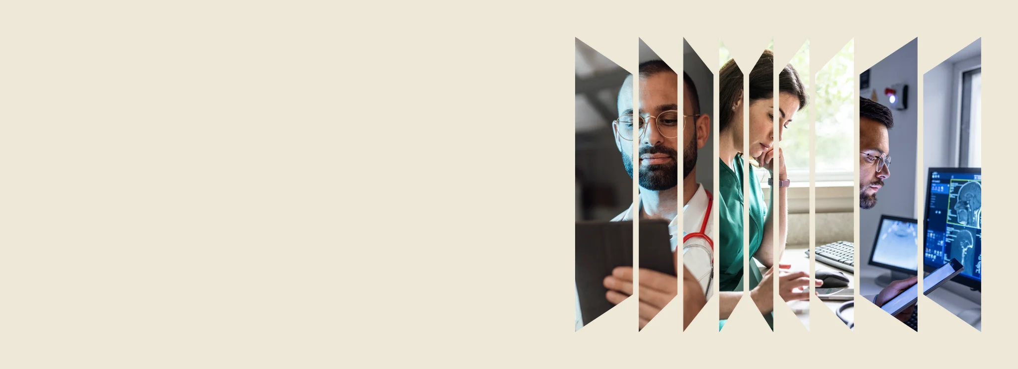 Professionals using technology, including a tablet, computer, and medical images.