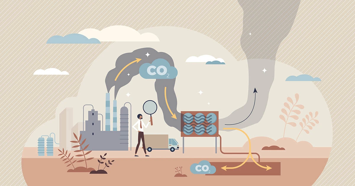 Editorial illustration of CCUS process to reduce CO2 emissions with sustainable storage underground
