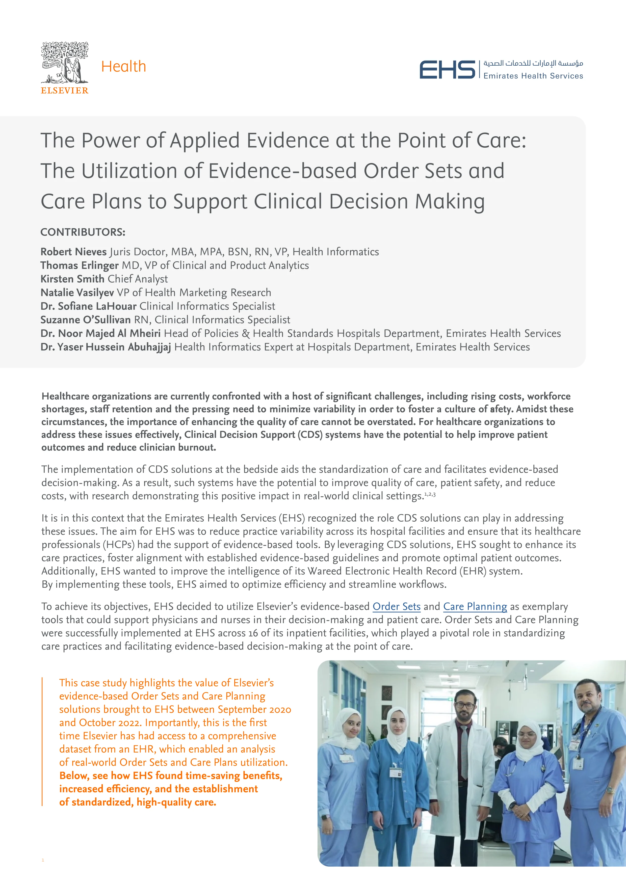 The Utilization of Evidence-based Order Sets and Care Plans to Support Clinical Decision Making