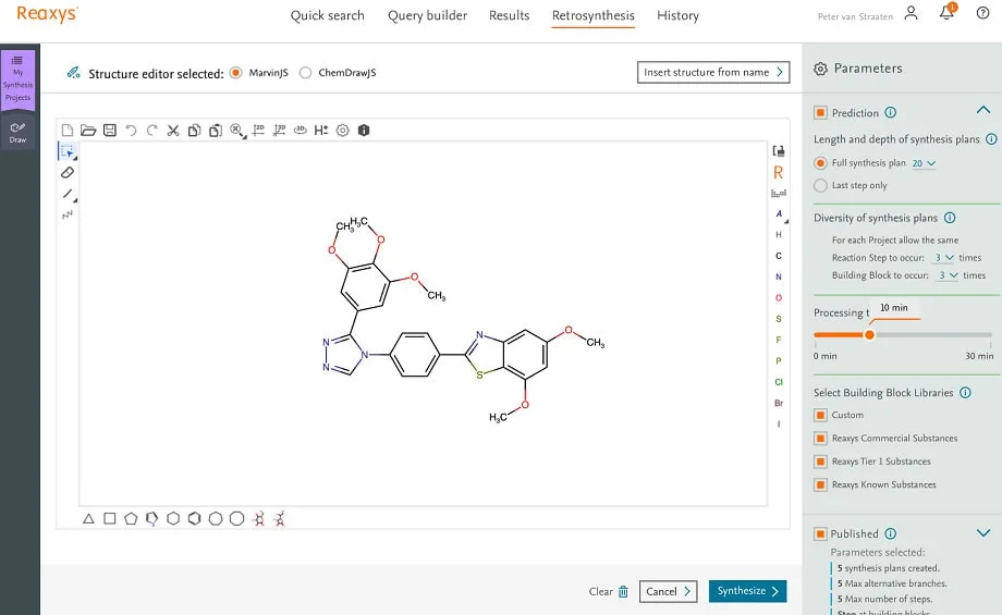 Reaxys Retrosynthesis input screen where structural formula and parameters are entered