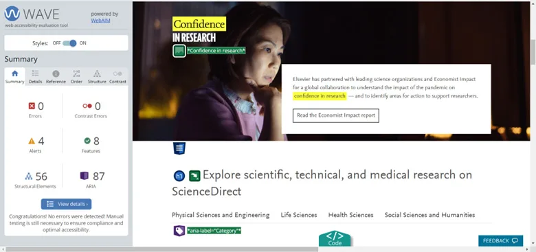 The ScienceDirect homepage with the WAVE tool indicating 0 accessibility errors.