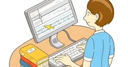 An illustration depicting a female librarian standing at a computer terminal typing on a keyboard and using screen magnification to access Scopus research database.