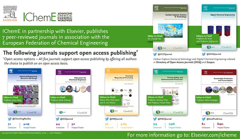 Journals collage and info: IChemE in partnership with Elsevier publishes 7 peer-reviewed journals in association with the European Federation of Chemical Engineering