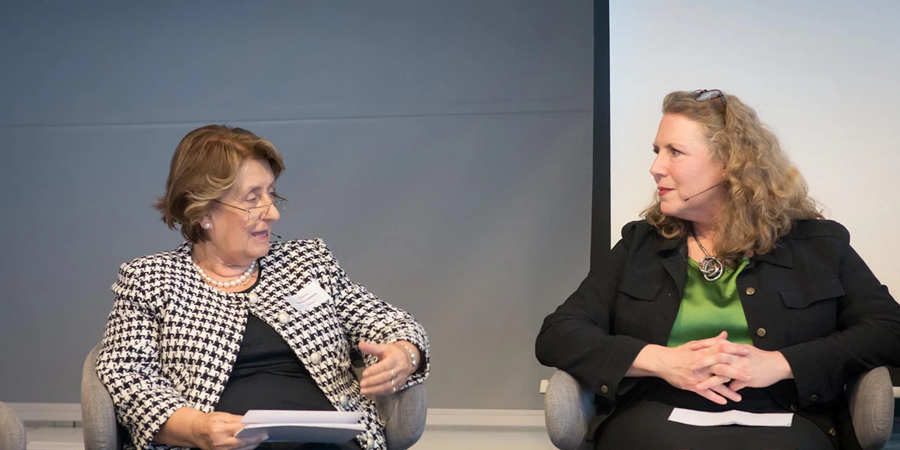 Prof Gülsün Sağlamer, Founding Honorary President of the European Women Rectors Association (EWORA), talks with Ylann Schemm, Executive Director of the Elsevier Foundation, on a Science|Business panel. (Photo by Denitsa Nikolova for Science|Business)