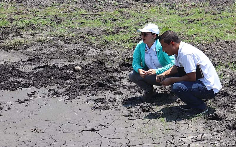 Dr Heyddy Calderon does field work with a PhD student analyzing climate adaptation measures in the Dry Corridor of Nicaragua (Photo by Armando Muñoz)