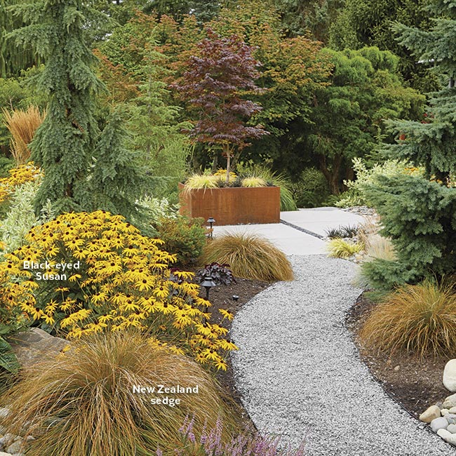 low-maintenance-plants-along-path: Repeating the New Zealand sedge along the path pulls you along the walkway towards the backyard and provides a cohesive look.