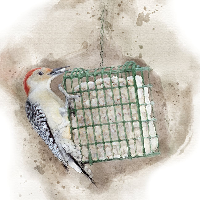 Woodpecker feeding from a suet cage with watercolor photo effect: Suet cages
give birds something to cling onto while they’re eating.
