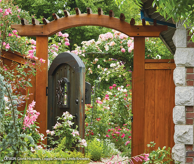 Peek at a Rose Garden through a garden gate: A custom gate welcomes visitors to the backyard, offering a hint of the vibrant colors and beauty to be found beyond.