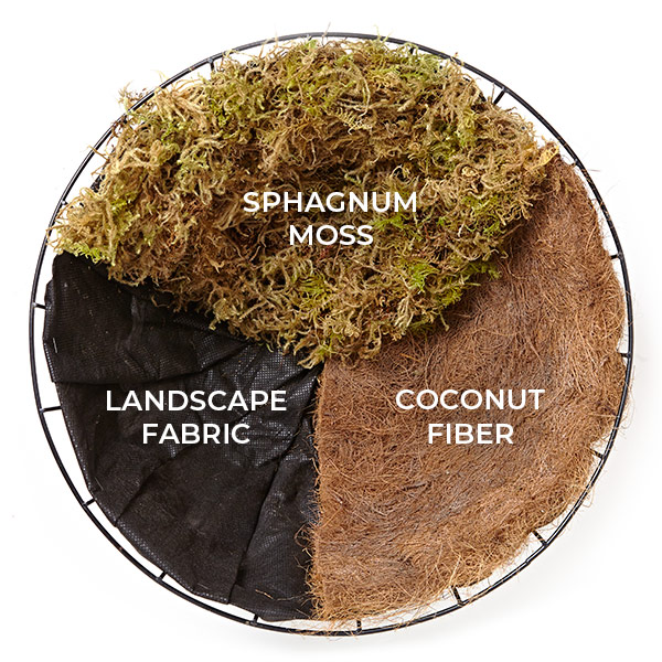 hanging-basket-liner-options-comparison: Here you can see a comparison between sphagnum moss, landscape fabric, and coconut fiber hanging basket liners.