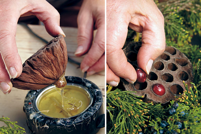 bird-feeding-wreath-seedpods step2: Attach lotus pods to your wreath using hot glue, then add cranberries to the pods for the birds to feed on.