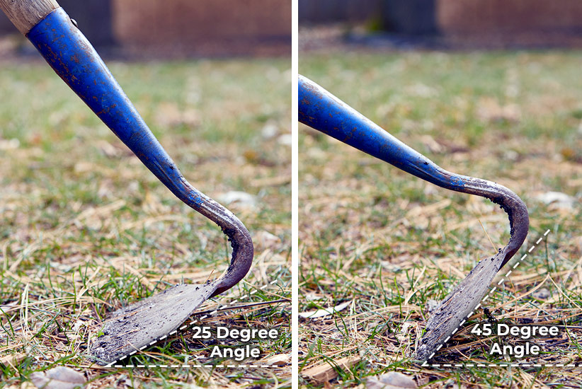 Comparison of different angles of garden hoe blades: If you are tall and holding the handle more vertically, the blade will be flatter to the ground with a small angle like you see on the left. If you are short, you will likely be holding the hoe closer to the ground, which shifts the blade end more upright with a wide angle, on the right. 
