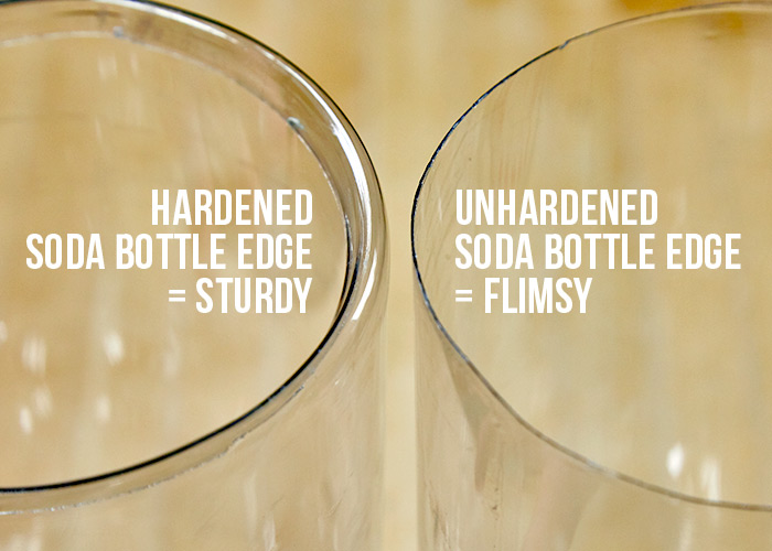 Soda-bottle-cloche-hardened-vs-unhardened-edge: The hardened edge on the left created by melting and shaping the plastic will be sturdier when placed in the garden.