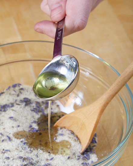 pj-lavender-scrub-AddOil-2: Add grapeseed or olive oil to the sugar and lavender floret mixture.