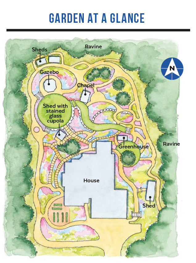 186 Staunton illustrated garden map by Carlie Hamilton: Overhead garden plan illustration by Carlie Hamilton