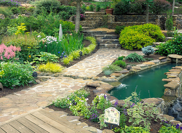 Burdick-shade-garden-stairway:Stones set in mortar help ensure solid, secure footing. These steps and paths were created from rocks excavated during grading.