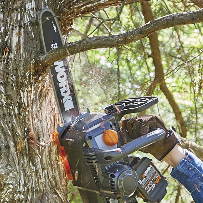battery-powered-chainsaw-in-action: Two 20-volt batteries give you more power.