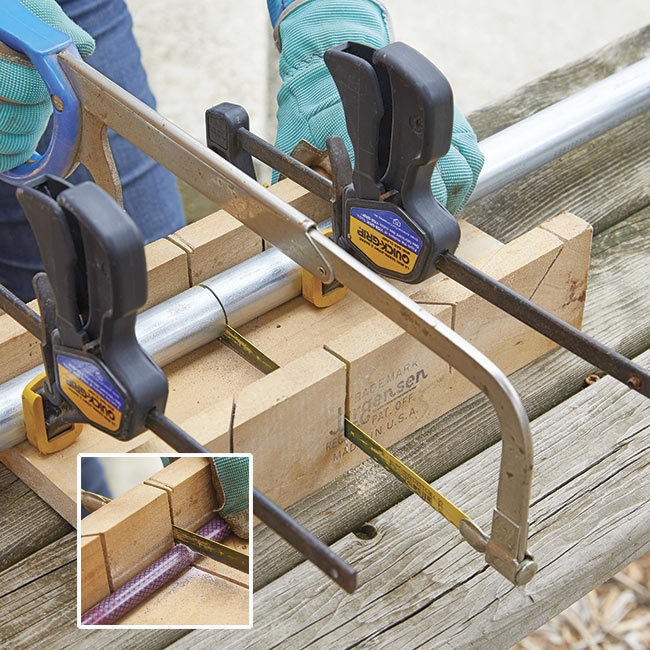 cutting conduit and fiberglass stakes: Clamp conduit pipe and fiberglass stakes to a miter box while cutting them with a hacksaw.