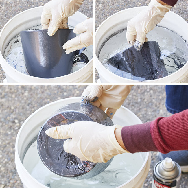 submerge-pot-in-water-to-marbleize: Submerging and lifting the clay pot should be done slowly.