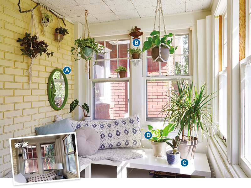Decorating with Houseplants in a sunroom: Plant hangers create a lush look in a room of windows and little floor space. Hang them with ceiling hooks, mount them on curtain rods, or use a sturdy branch.