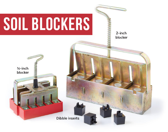 Soil blocking tools: Soil blockers are available in several sizes, and dibble inserts can be purchased separately.