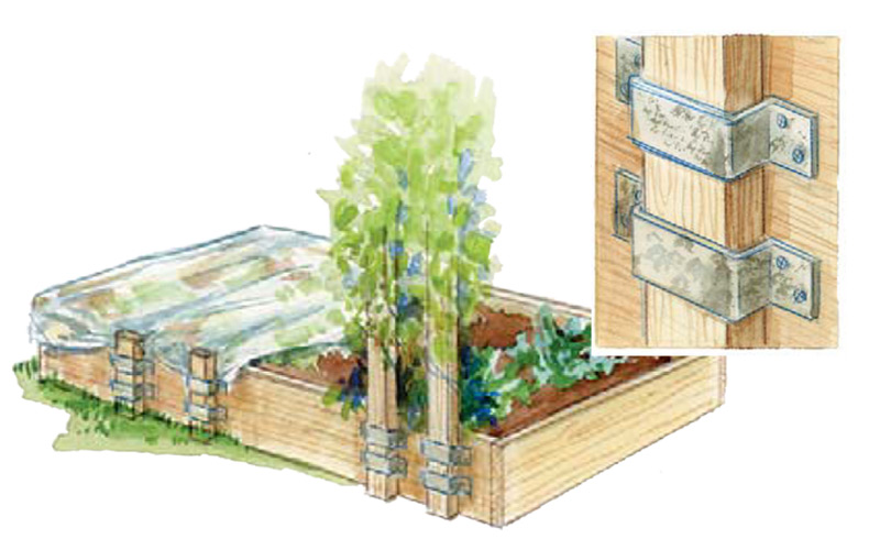Illustration showing use of brackets on raised garden bed: Adding brackets to a raised bed makes it easy to add trellising or row covers every year.