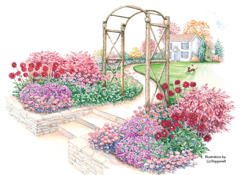 fall-flowers-garden-plan-lead-rev: Huge dahlias, medium-sized anemones and tiny asters make this a stunning fall garden to flank an entry.
