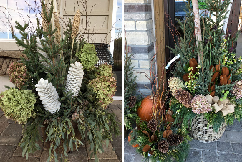 Rustic style evergreen containers: Add rustic accents like dried hydrangeas, and branches to evergreen porch pots.