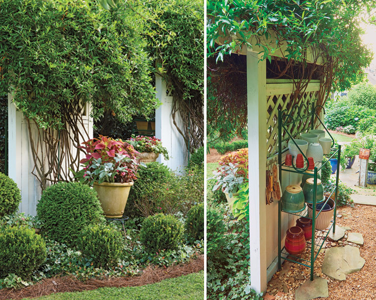 hidden potting bench: Attractive Carolina jessamine-covered screens hide a hard-working secret: A work area and storage space.